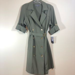 Olive Green Trench Coat Dress with Gold Accents
